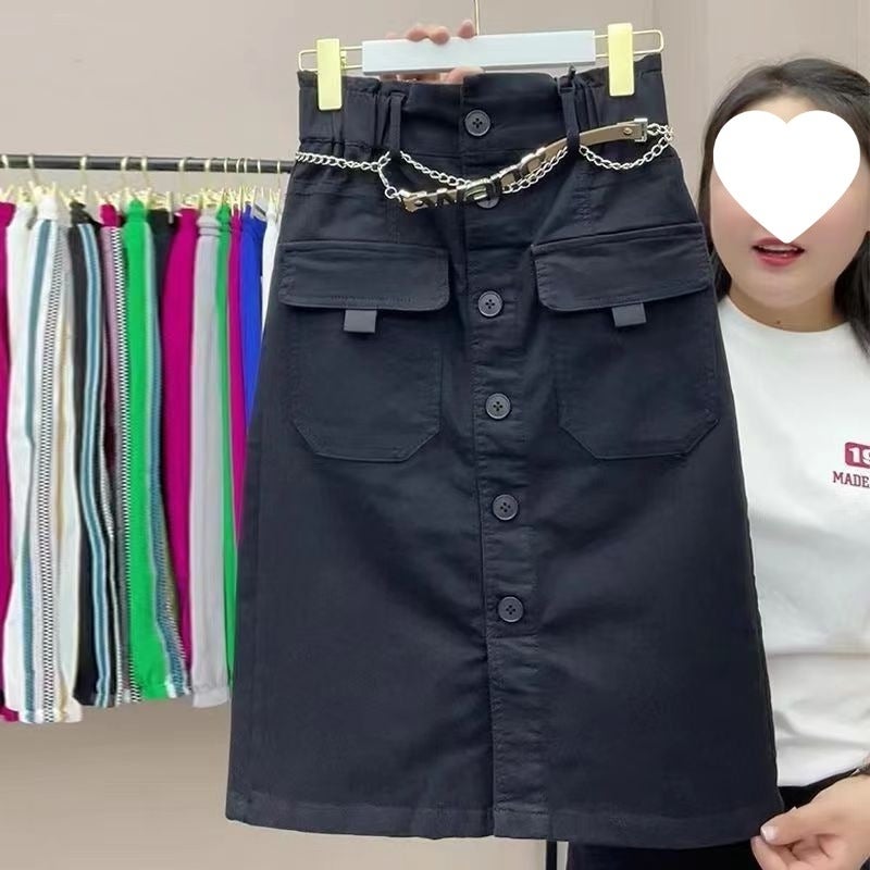 95 Cotton 2024 Korean Style New Mid-Length Skirt Women'S European Single-Breasted Slit Slim A-Line Skirt - Image 4