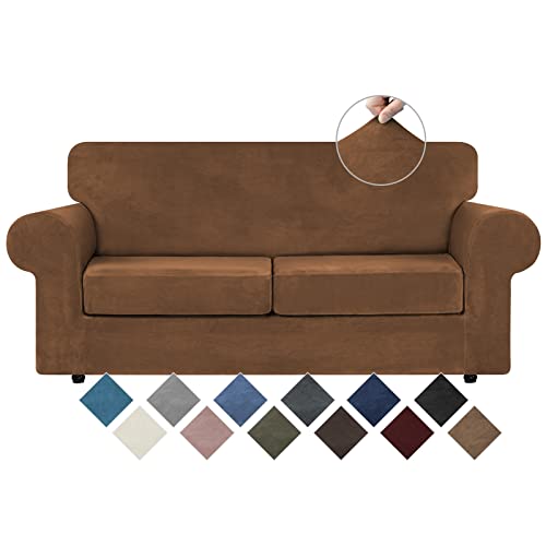 WEERRW Velvet Couch Covers for 2 Cushion Couch Sofa  High Stretch Luxury Velvet Plush 3 Pieces Sofa Slipcovers with Elastic Bottom Furniture Protector for Pets Machine Washable Camel Medium