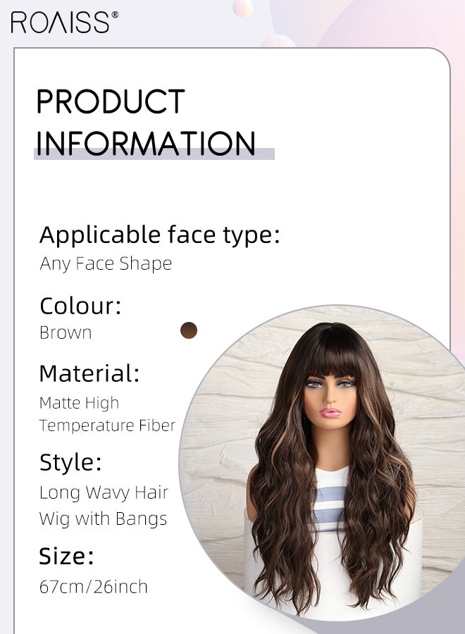 رويس شعر مستعار طويل مموج مع غرة للنساء، شعر مستعار صناعي ناعم طبيعي مقاوم للحرارة لحفلات الزفاف والارتداء اليومي، بني، 67 سم (26 بوصة) - Image 3