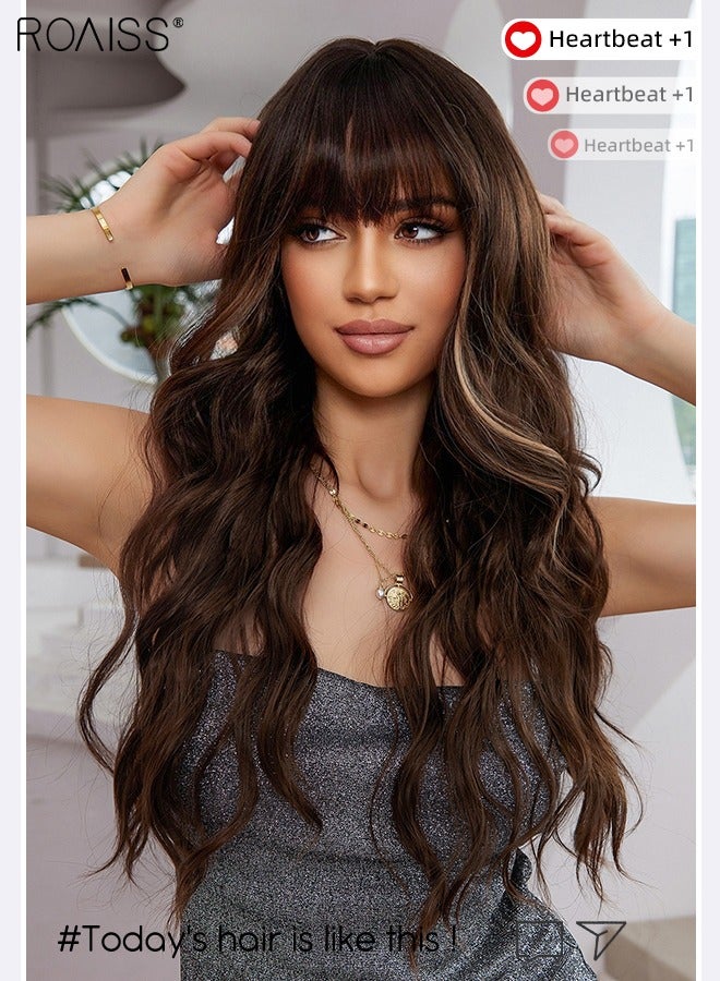 رويس شعر مستعار طويل مموج مع غرة للنساء، شعر مستعار صناعي ناعم طبيعي مقاوم للحرارة لحفلات الزفاف والارتداء اليومي، بني، 67 سم (26 بوصة) - Image 2