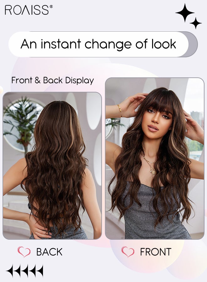 رويس شعر مستعار طويل مموج مع غرة للنساء، شعر مستعار صناعي ناعم طبيعي مقاوم للحرارة لحفلات الزفاف والارتداء اليومي، بني، 67 سم (26 بوصة) - Image 4