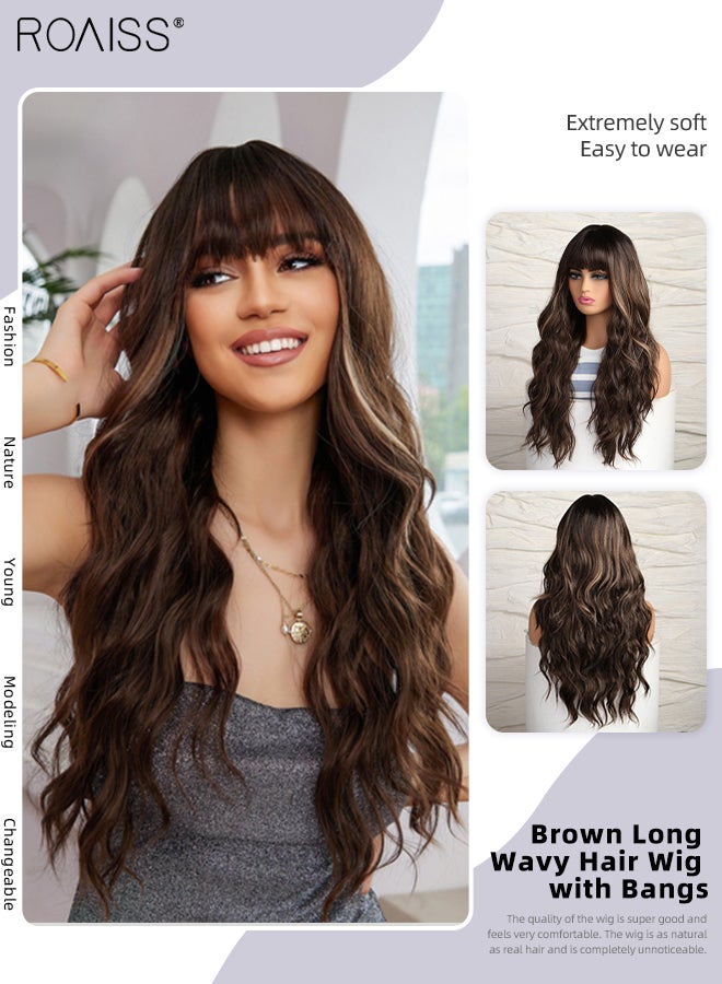 رويس شعر مستعار طويل مموج مع غرة للنساء، شعر مستعار صناعي ناعم طبيعي مقاوم للحرارة لحفلات الزفاف والارتداء اليومي، بني، 67 سم (26 بوصة) - Image 1