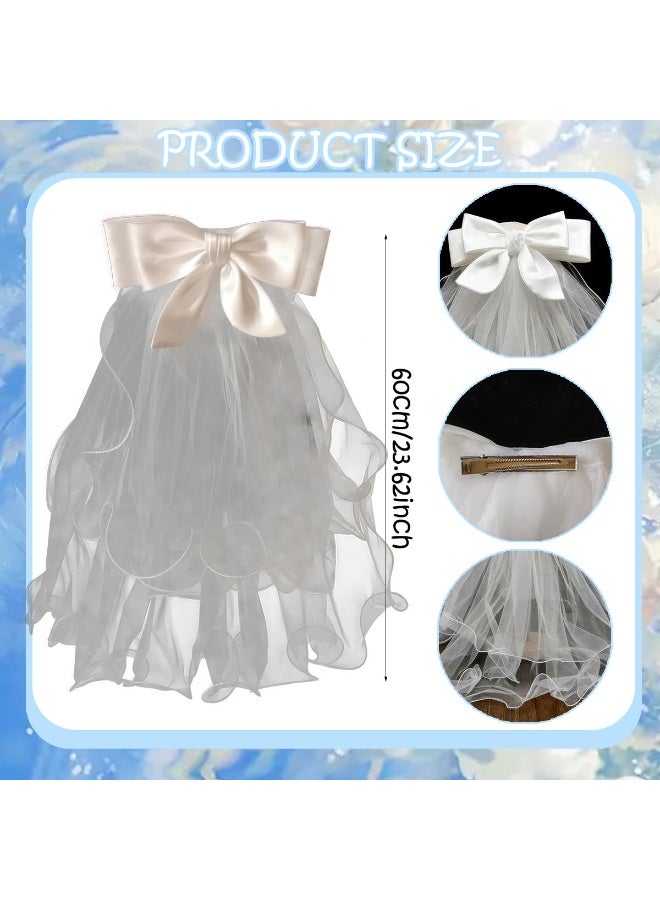 White Bridal Veil with Satin Bow Edge, Short Tulle Wedding Veil with Hair Clip, Elegant Bridal Headwear for Wedding, Engagement, Bachelorette Party - Image 2