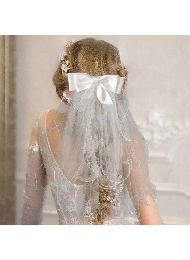 White Bridal Veil with Satin Bow Edge, Short Tulle Wedding Veil with Hair Clip, Elegant Bridal Headwear for Wedding, Engagement, Bachelorette Party - Image 5