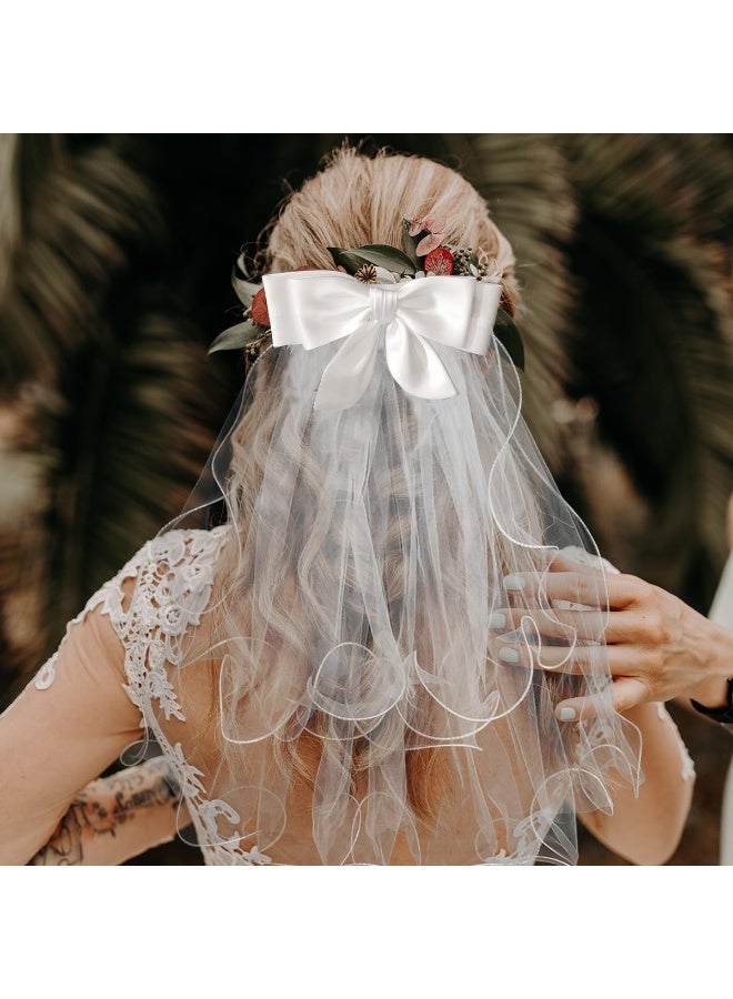 White Bridal Veil with Satin Bow Edge, Short Tulle Wedding Veil with Hair Clip, Elegant Bridal Headwear for Wedding, Engagement, Bachelorette Party - Image 4