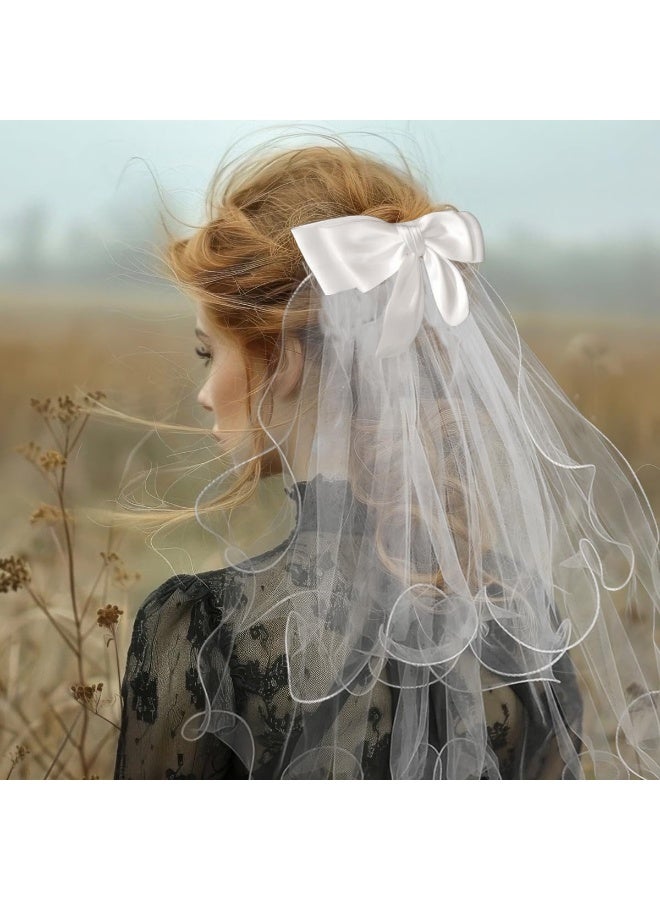White Bridal Veil with Satin Bow Edge, Short Tulle Wedding Veil with Hair Clip, Elegant Bridal Headwear for Wedding, Engagement, Bachelorette Party - Image 3