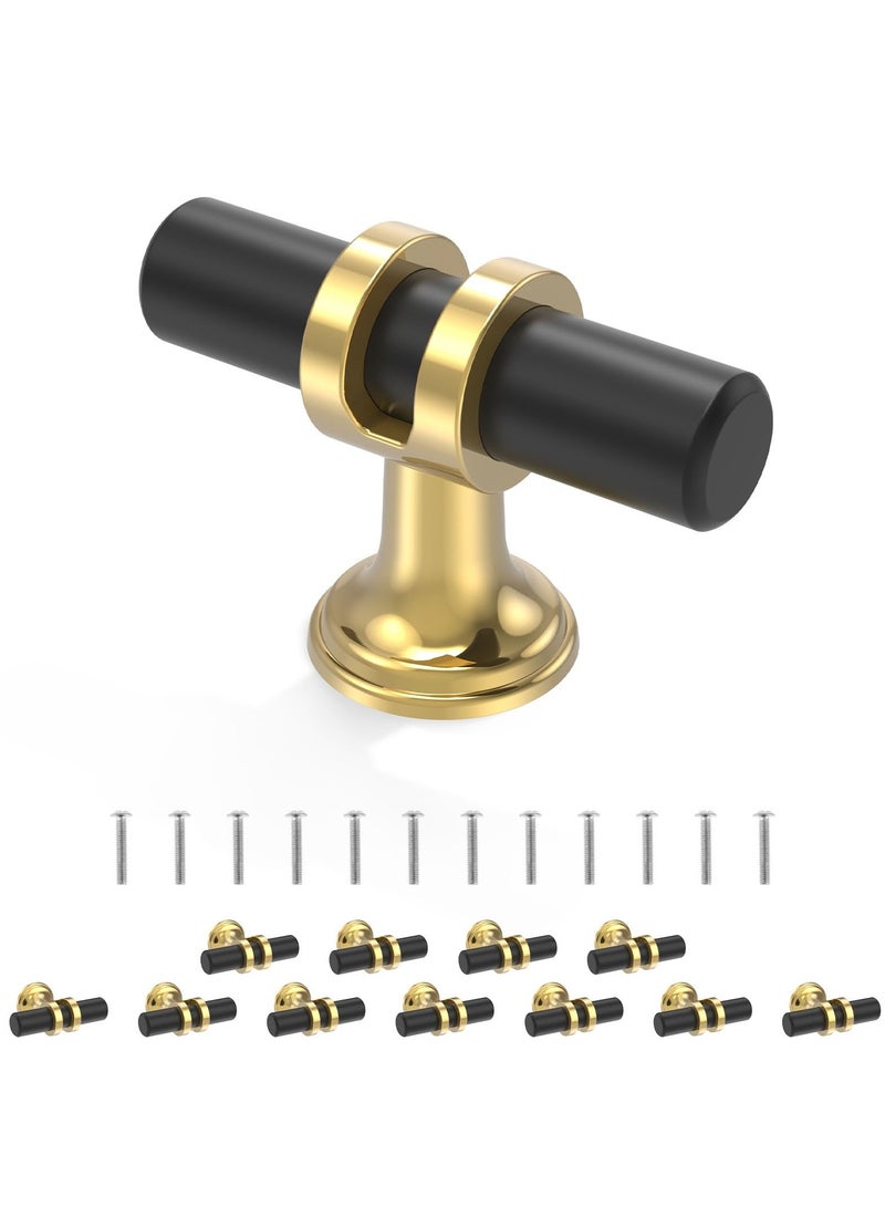 KADRAMA 12 Pack Cabinet Knobs - Black&Gold T-Bar Cabinet Handles， Kitchen Cabinet Knobs Closet Pulls for Kitchen Bathroom Cupboard, Pull Handles for Dresser Drawer, Aluminum Alloy Dresser Hardware Set 2in Length Single Hole  - Image 1