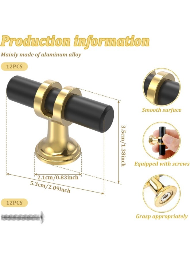 KADRAMA 12 Pack Cabinet Knobs - Black&Gold T-Bar Cabinet Handles， Kitchen Cabinet Knobs Closet Pulls for Kitchen Bathroom Cupboard, Pull Handles for Dresser Drawer, Aluminum Alloy Dresser Hardware Set 2in Length Single Hole  - Image 4