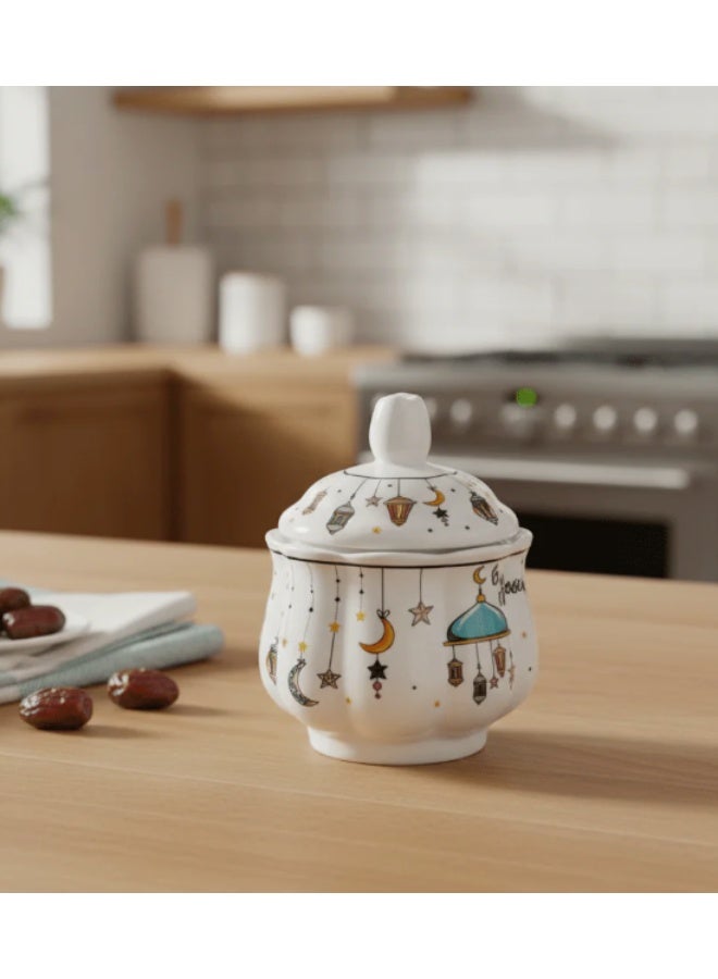 AKDC Ramadan Collection White Ceramic Sugar Pot with Lid – Elegant Festive Tableware, 11 × 9cm - Image 3