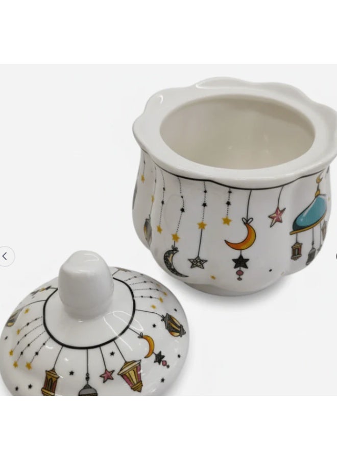 AKDC Ramadan Collection White Ceramic Sugar Pot with Lid – Elegant Festive Tableware, 11 × 9cm - Image 4
