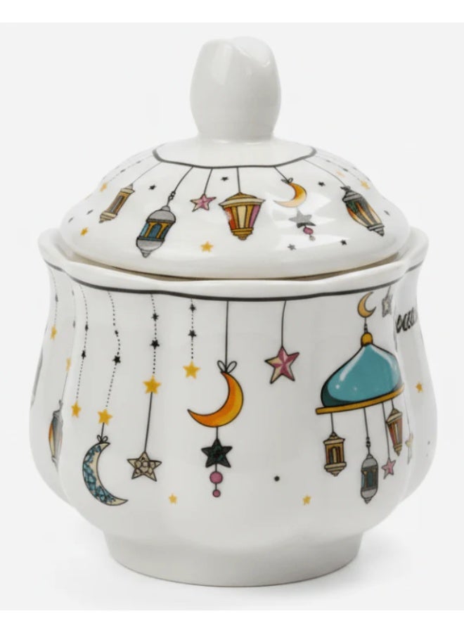 AKDC Ramadan Collection White Ceramic Sugar Pot with Lid – Elegant Festive Tableware, 11 × 9cm - Image 1