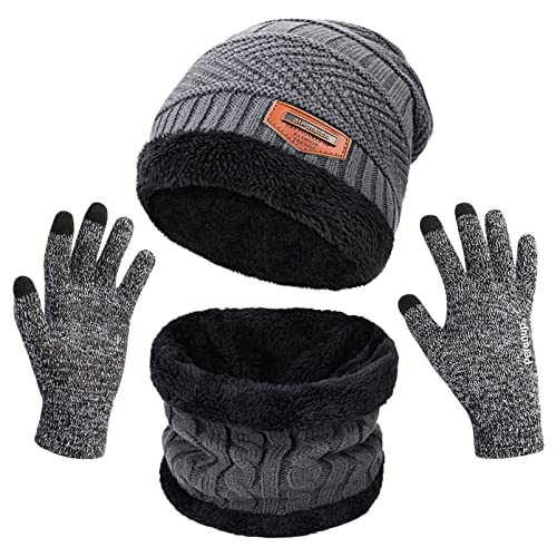MAYLISACC 3 Pcs Mens Womens Winter Warm Fleece Beanie Hat with Touch Screen Gloves and Neck Warmer Gaiter Set Grey - Image 1