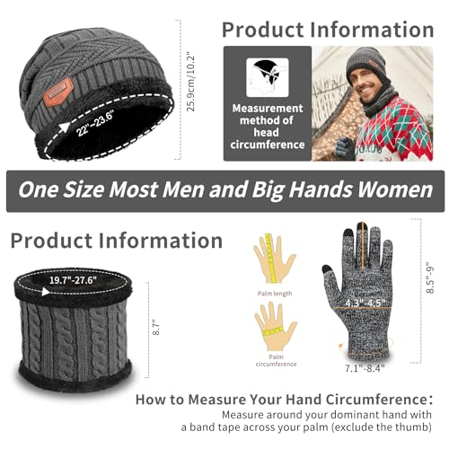MAYLISACC 3 Pcs Mens Womens Winter Warm Fleece Beanie Hat with Touch Screen Gloves and Neck Warmer Gaiter Set Grey - Image 2