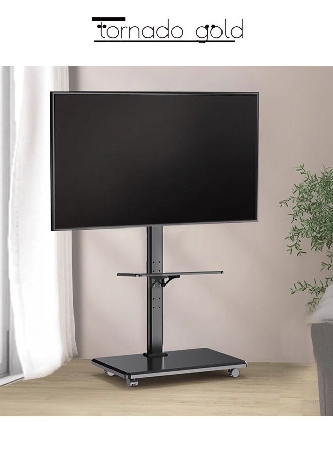 حامل تلفزيون متنقل بعجلات لشاشة LCD منحنية مسطحة مقاس 32-75 بوصة، حامل تلفزيون محمول قابل للتعديل مع صينية حامل للوسائط
