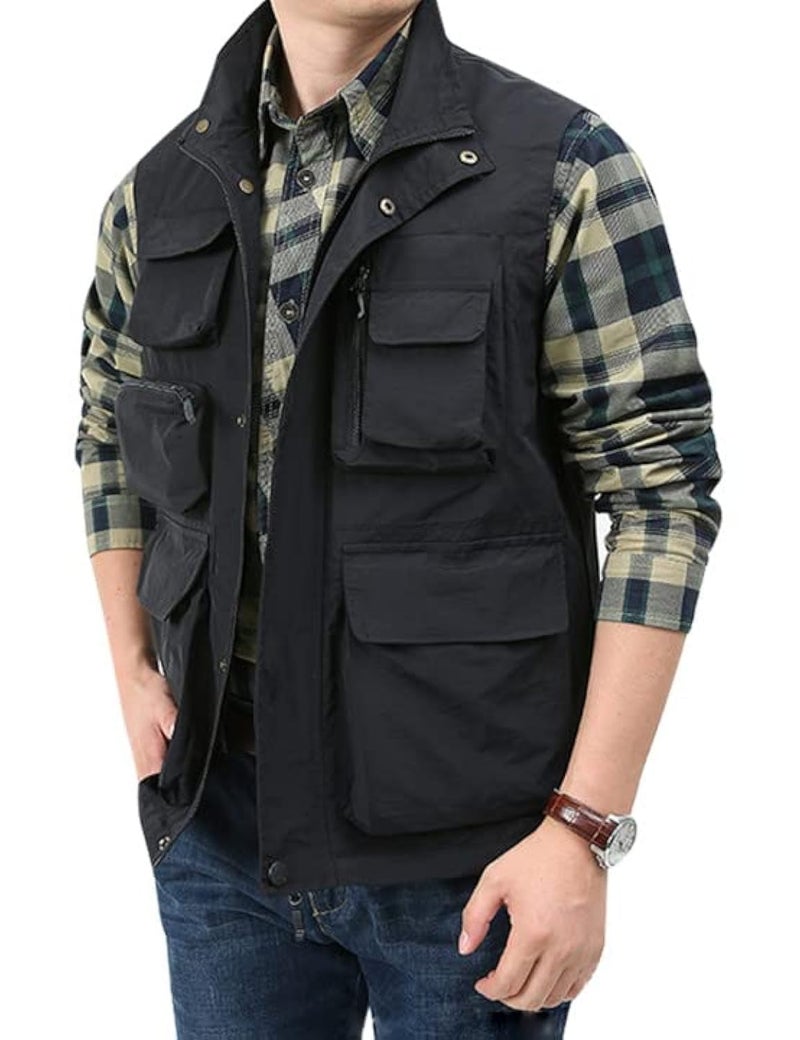 Yimoon Men’s Utility Fishing Vest Summer Lightweight Safari Travel Cargo Vest Outdoor Work Vests Multi Pockets(Black-L) - Image 2