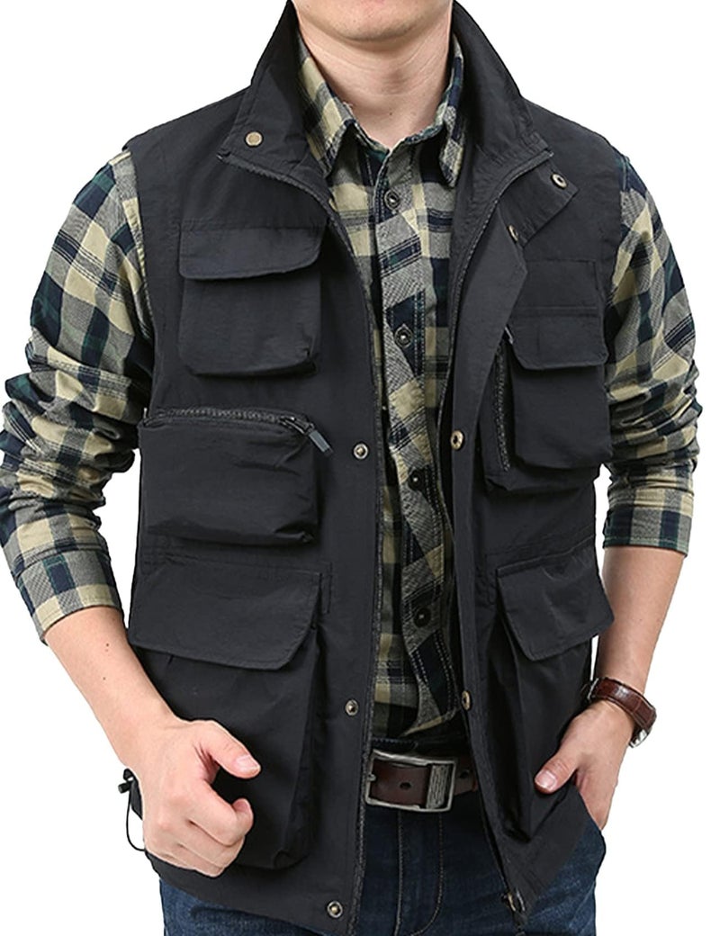 Yimoon Men’s Utility Fishing Vest Summer Lightweight Safari Travel Cargo Vest Outdoor Work Vests Multi Pockets(Black-L) - Image 5