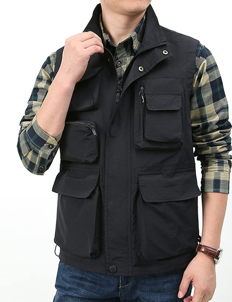 Yimoon Men’s Utility Fishing Vest Summer Lightweight Safari Travel Cargo Vest Outdoor Work Vests Multi Pockets(Black-L) - Image 3