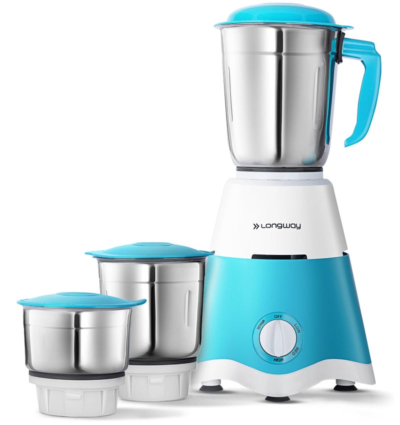 Longway Super Dlx Mixer Grinder | Up to 700 Watt Powerful Motor | 3 Jars for Grinding, Mixing, Juicing | 2 Year Warranty (Blue & White, 3 Jars) - Image 1