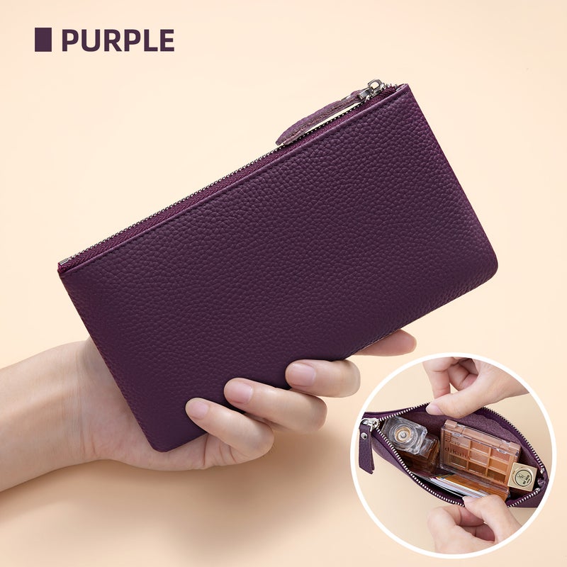 banyanu Portable genuine leather zippered coin purse, mini coin purse for women, can hold credit cards, folded banknotes, ID card, keys, earphones, lipstick, etc. (Purple) - Image 1