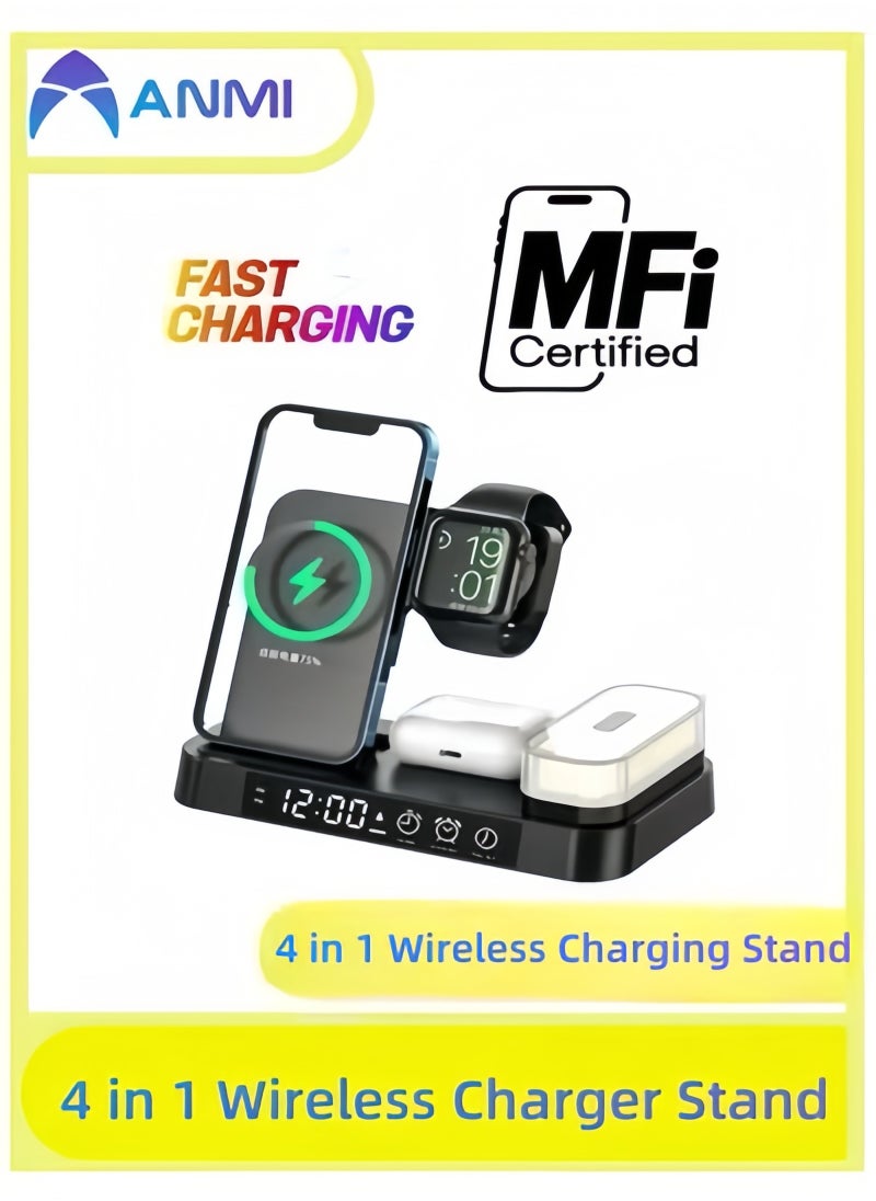Anmi 4 in 1 Wireless Charging Stand Clock Stations For Apple Mobile Phone Wireless Charger 15/14/Air pods/iWatch(Black)  - Image 1