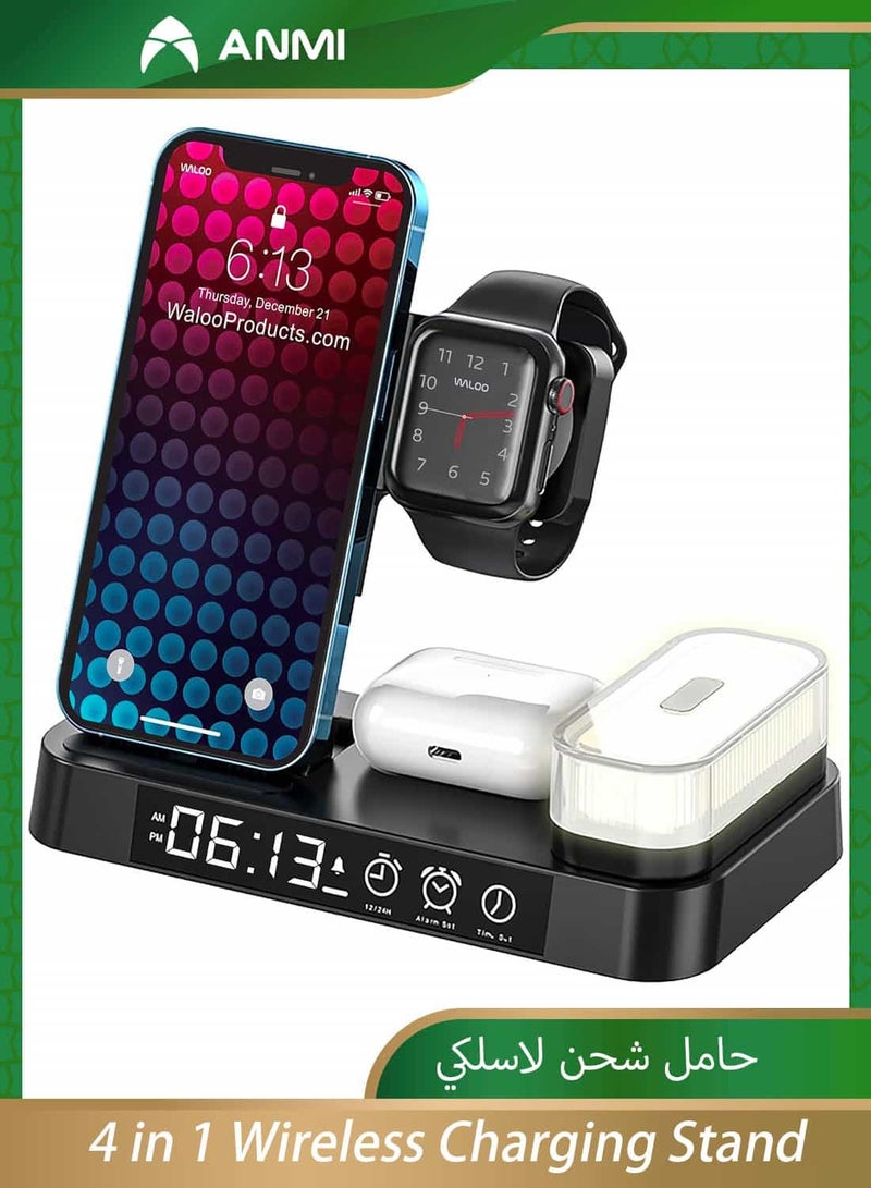 أنمي 4 في 1 حامل شحن لاسلكي 4 في 1 محطات ساعة لاسلكية لشاحن الهاتف المحمول اللاسلكي من أبل 15/14/حامل ساعة لاسلكية/ساعة آي واتش (أسود) - Image 1