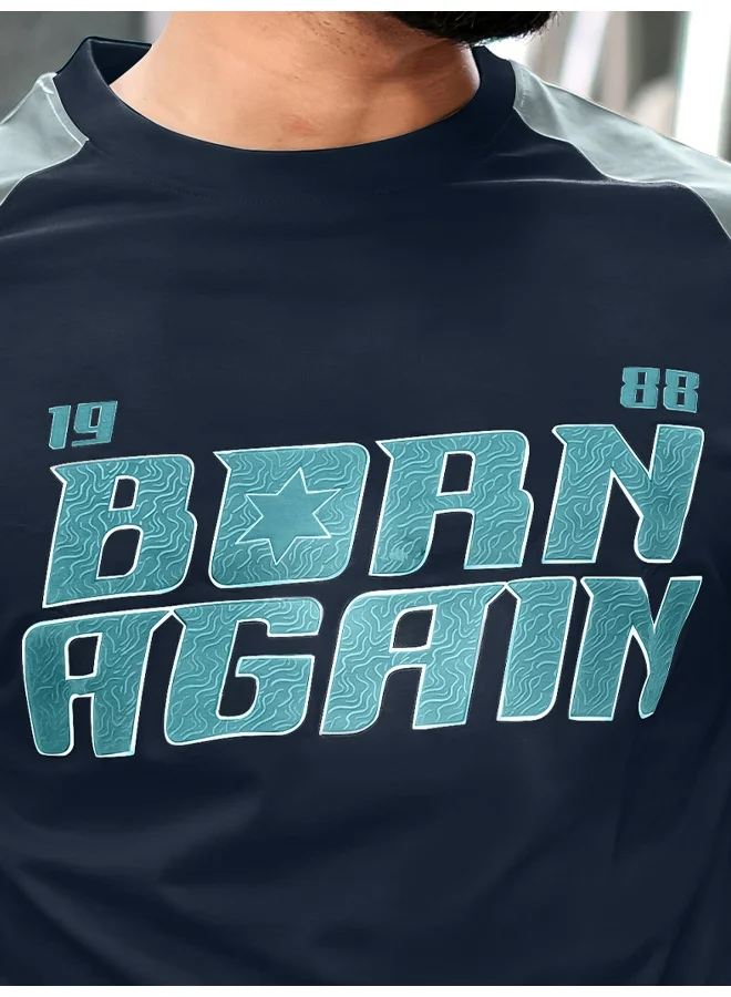 Maniac Maniac Mens Printed Round Neck Raglan Half Sleeve Navy and Light Grey Cotton T-Shirt