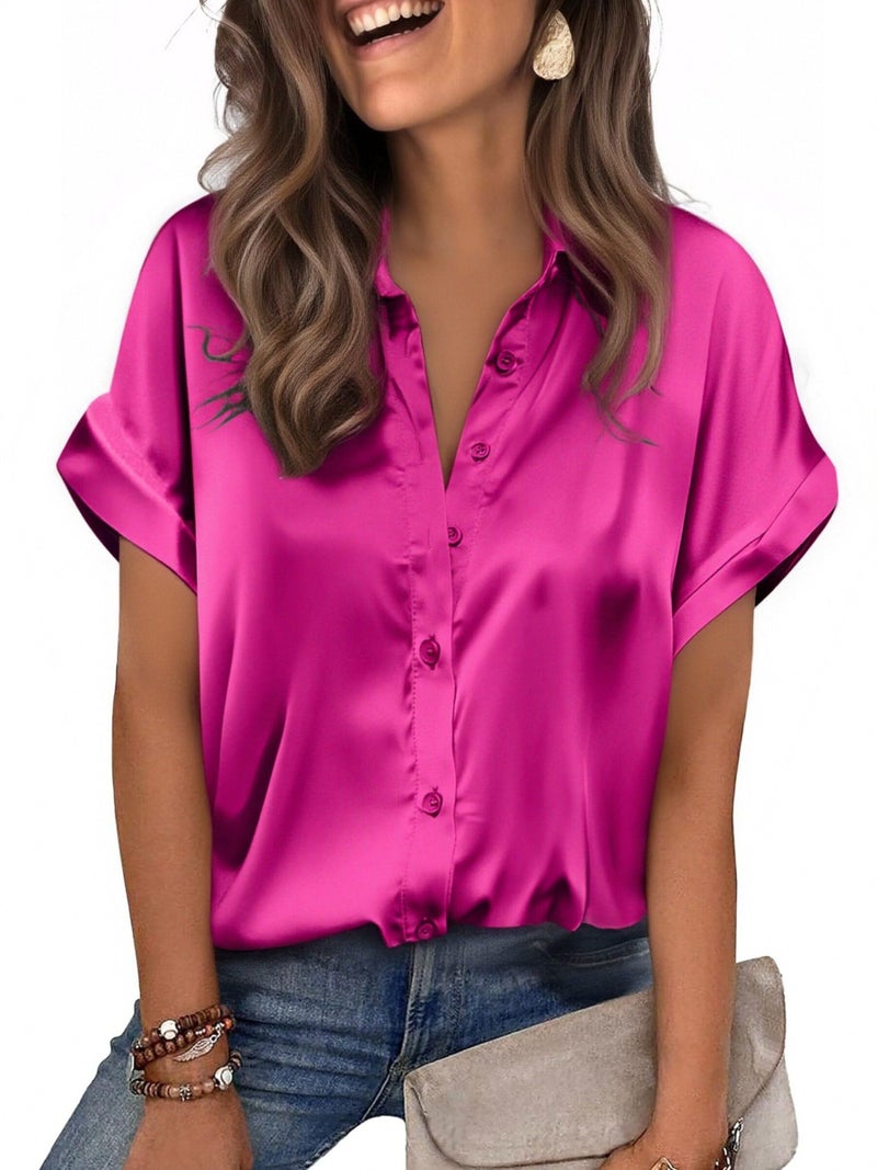 Zeagoo Womens Blouse Satin Silk Pink Tops Fashion Short Sleeve Dressy Blouses Clothes Hot Pink - Image 1