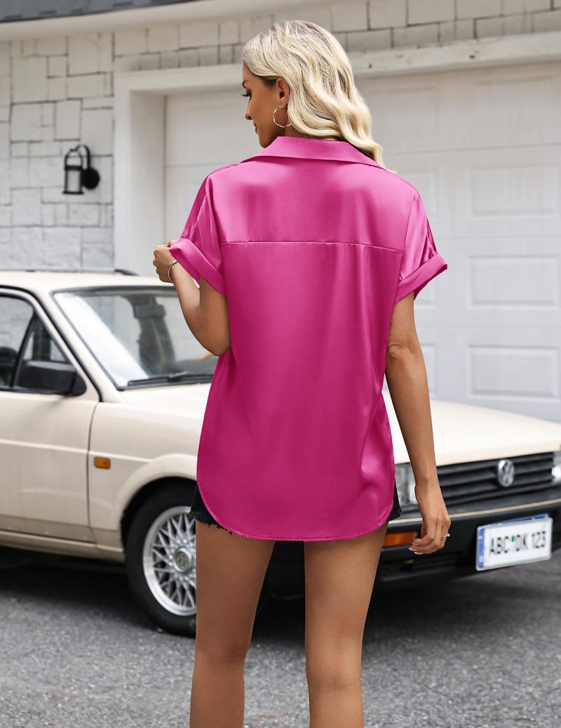 Zeagoo Womens Blouse Satin Silk Pink Tops Fashion Short Sleeve Dressy Blouses Clothes Hot Pink - Image 3