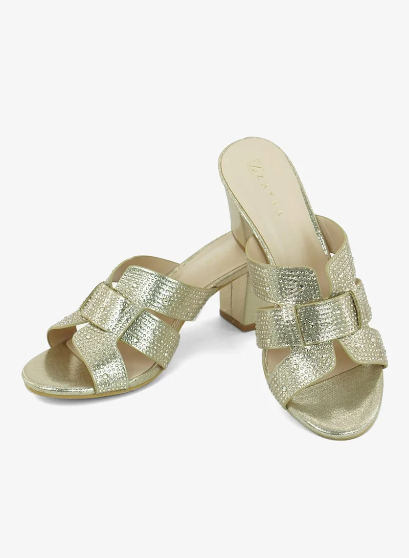 ZAYNA 221-298 Zayna Ladies Classic High block heel Slides 2G5957-085 Light Gold