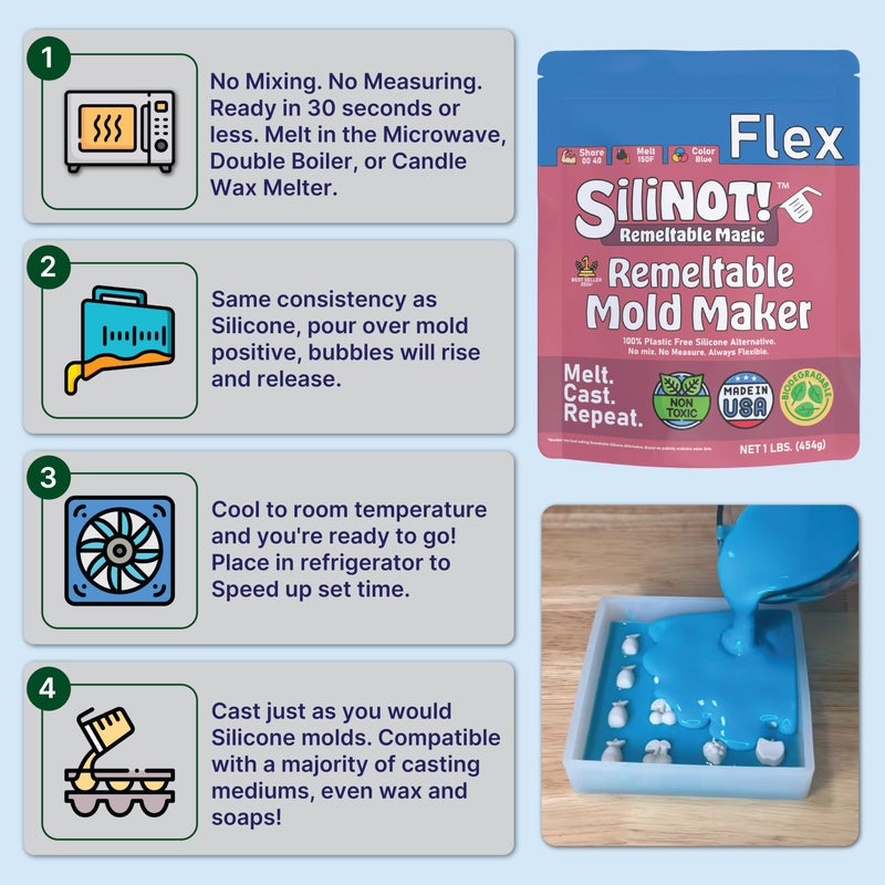 SiliNOT! Remeltable Silicone Mold Making Kit 2 POUNDS. - Easier Than Silicone Mold Maker. Reuse 30x, No Mix, Non-Toxic, Food-Contact Safe for Plaster, Resin, Epoxy, Chocolate, Wax & Soap Mold - Image 4