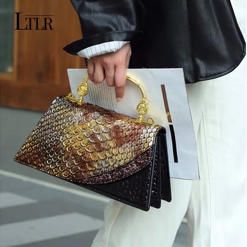 Women'S Bag Dragon Scale Princess Diana Crocodile Pattern Hand-Held Shoulder Bag For Women, Accessible Luxury, Black Gold Heavy Industry - Image 2