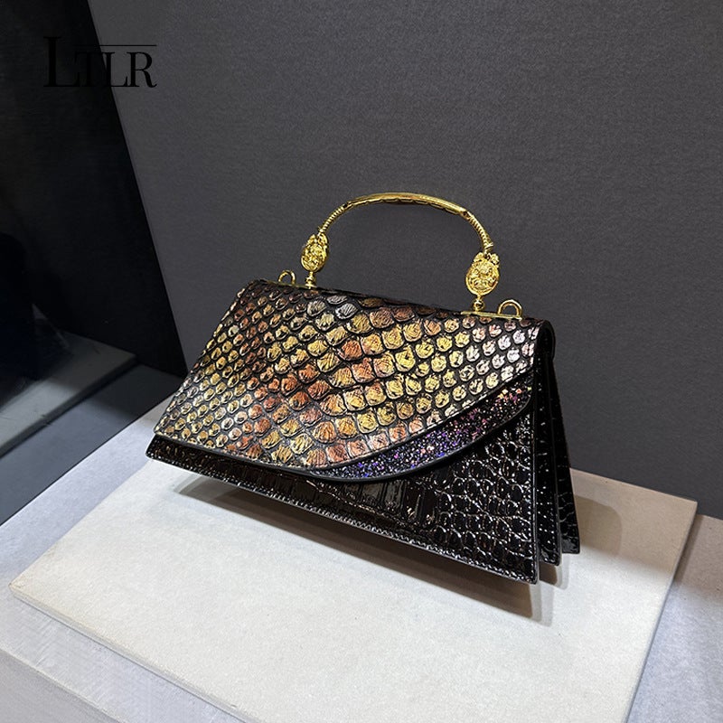 Women'S Bag Dragon Scale Princess Diana Crocodile Pattern Hand-Held Shoulder Bag For Women, Accessible Luxury, Black Gold Heavy Industry - Image 5