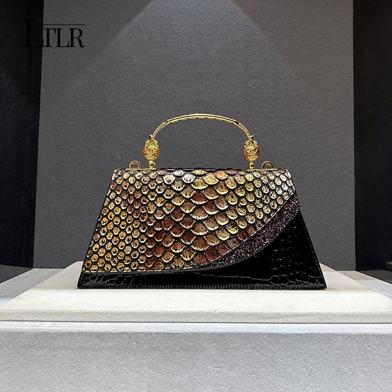 Women'S Bag Dragon Scale Princess Diana Crocodile Pattern Hand-Held Shoulder Bag For Women, Accessible Luxury, Black Gold Heavy Industry - Image 3