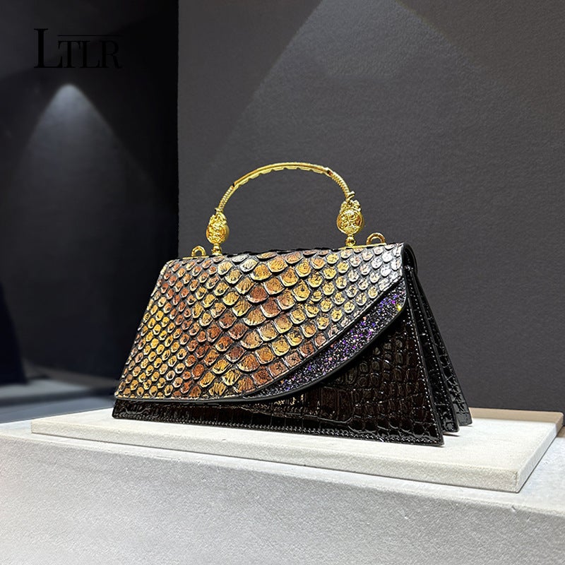 Women'S Bag Dragon Scale Princess Diana Crocodile Pattern Hand-Held Shoulder Bag For Women, Accessible Luxury, Black Gold Heavy Industry - Image 4