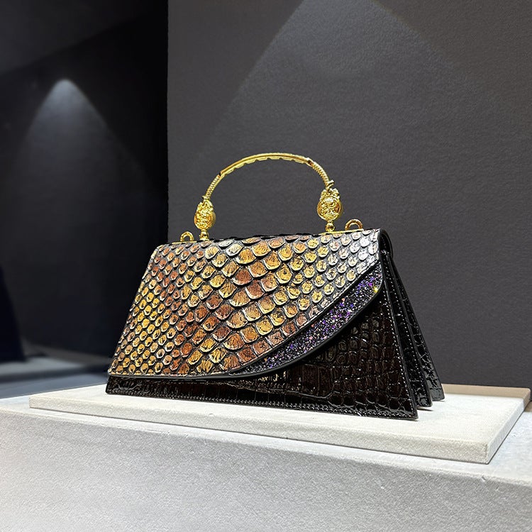 Women'S Bag Dragon Scale Princess Diana Crocodile Pattern Hand-Held Shoulder Bag For Women, Accessible Luxury, Black Gold Heavy Industry - Image 1