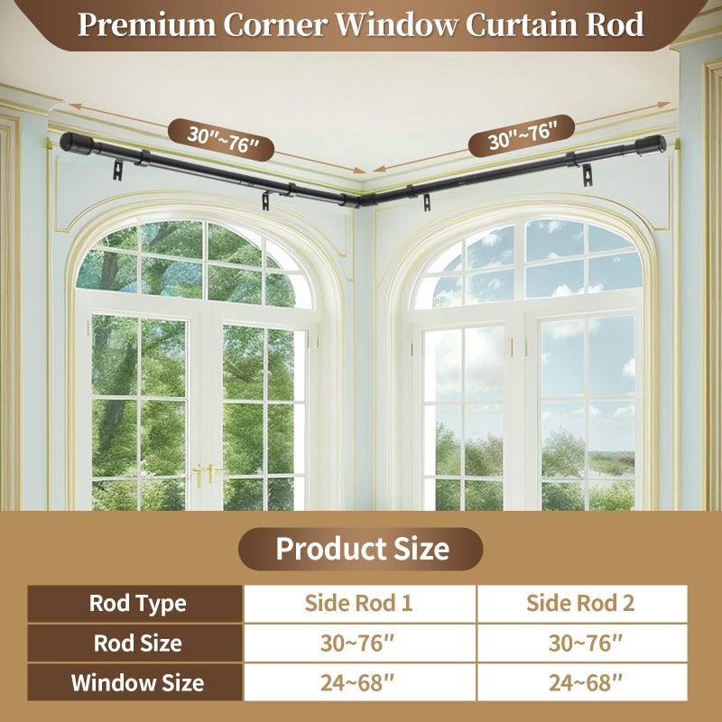 Anndason Heavy Duty 1 Inch Corner Curtain Rods Set 30-76 Inch Curtain Rod for Windows L Shaped Curtain Rods Window Curtain Rods Set (Black) - Image 5