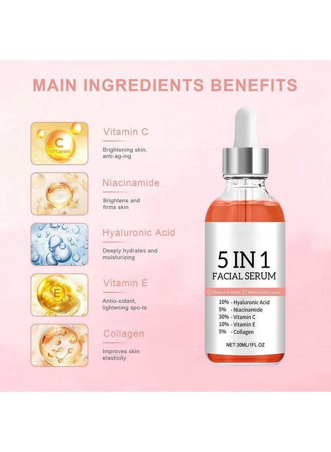 EELHOE 5 in 1 Facial Serum with Vitamin C, Vitamin E, Hyaluronic Acid, Niacinamide & Collagen, Vitamin C Facial Serum, Face Serum for Women for Dull Skin & Facial Moisturizing, 1.05 Fl Oz - Image 3