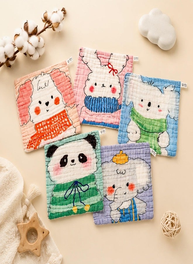 Little Boo Muslin 6 Layer Organic Cotton Face Towel for Newborn Baby, Baby Bath Towel Wipes Extra Soft Hankies Handkerchief for Kids, Reusable Napkins for Toddlers Kids (Pack of 5) -Digital Print - Image 1