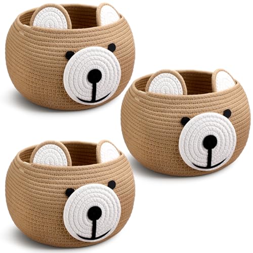 Uiifan 3 Pcs Baby Basket for Nursery Bear Gift Round Cotton Rope Basket for Newborn Items Storage Laundry Clothes Toy Blankets Towels 945 x 945 Inches Brown - Image 1