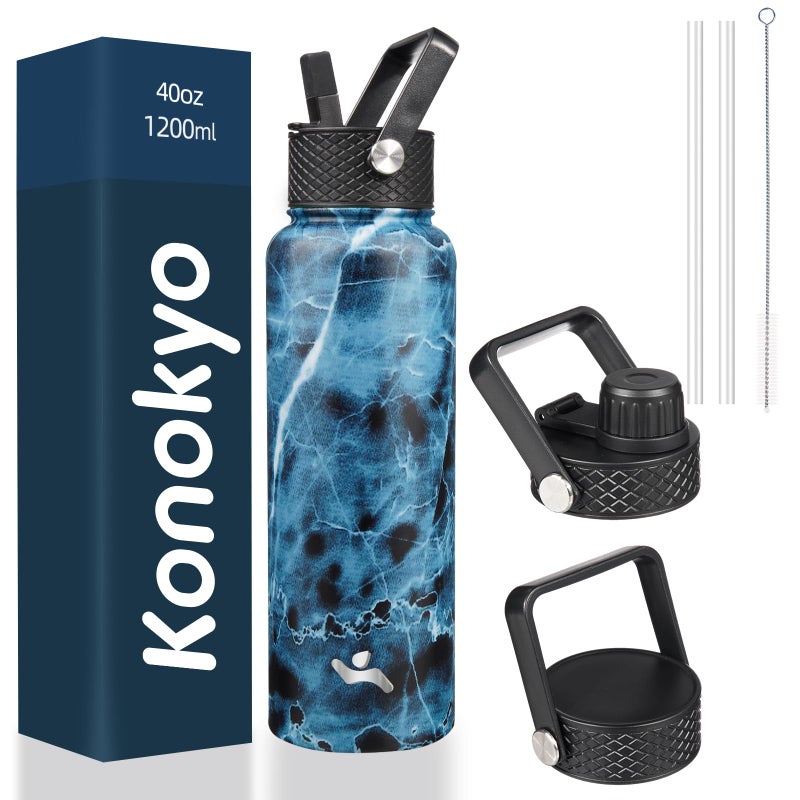 Konokyo 40oz Insulated Water Bottle Stainless Steel Sport Bottles with 3 LidsMarble Ocean