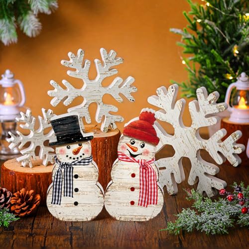 Cinnvoice 5 Pcs Winter Snowflake Wooden Decor Tabletop Snowman Decor Winter Wood Blocks White Snow Flake Wood Signs Snowman Tiered Tray Wooden Signs for Winters Party Home ShelvesFarmhouse - Image 1