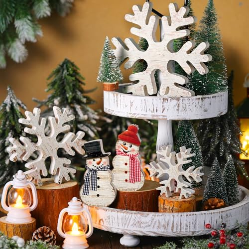 Cinnvoice 5 Pcs Winter Snowflake Wooden Decor Tabletop Snowman Decor Winter Wood Blocks White Snow Flake Wood Signs Snowman Tiered Tray Wooden Signs for Winters Party Home ShelvesFarmhouse - Image 3