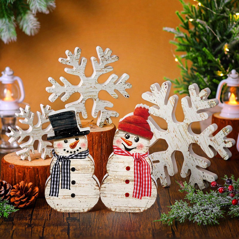 Cinnvoice 5 Pcs Winter Snowflake Wooden Decor Tabletop Snowman Decor Winter Wood Blocks White Snow Flake Wood Signs Snowman Tiered Tray Wooden Signs for Winters Party Home ShelvesFarmhouse - Image 2