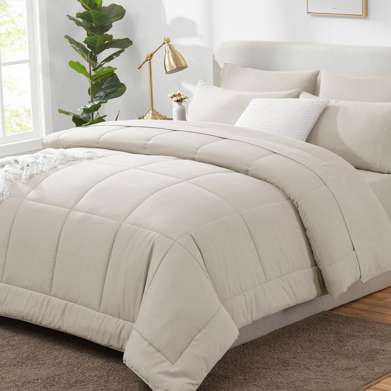 CozyLux King Size Comforter Set Beige 7 Pieces Bed in a Bag Beige Comforter King Size All Season Bedding Sets with Stitch Quilted Comforter Flat Sheet Fitted Sheet Pillowcases