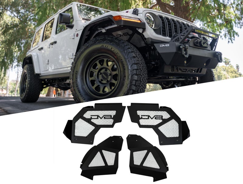 DV8 Front Inner Fenders for 20182025 Jeep Wrangler JL 20202025 Gladiator JT Protects Exposed Engine Compartment Mesh Panels for Improved Airflow Durable Lightweight Aluminum Fully BoltOn
