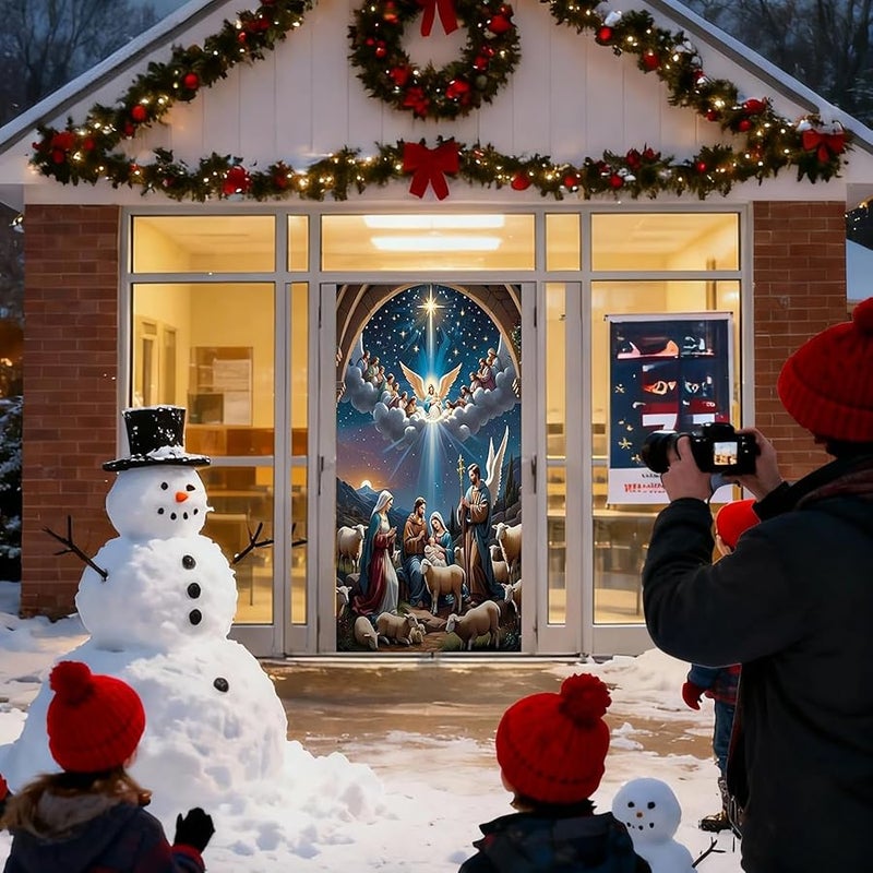 Christmas Nativity Scene Front Door Cover Fabric Religious Holiday Decorations - Image 3