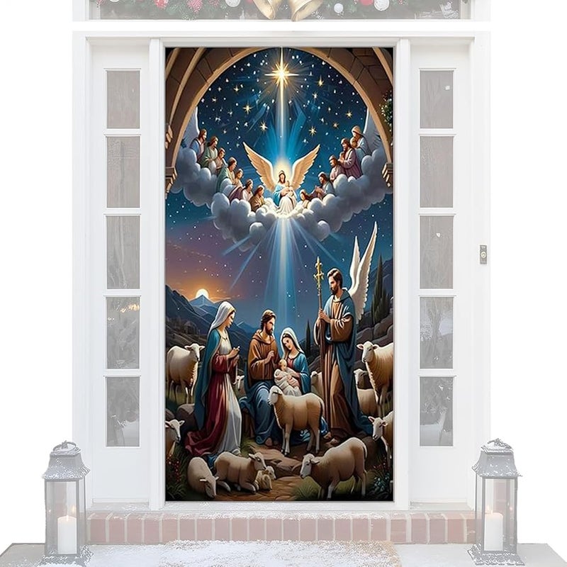 Christmas Nativity Scene Front Door Cover Fabric Religious Holiday Decorations - Image 2