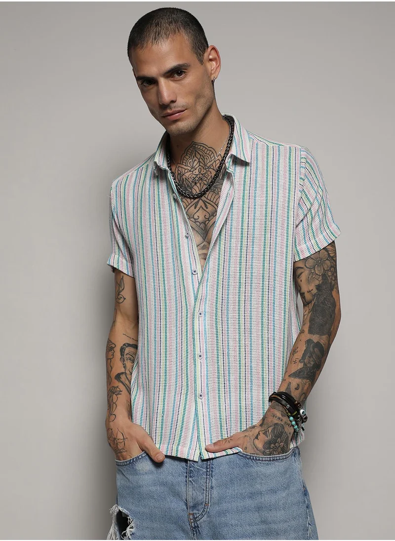 كامبوس سوترا Men's Pink & Green Unbalanced Striped Woven Shirt