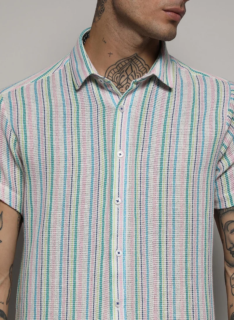 كامبوس سوترا Men's Pink & Green Unbalanced Striped Woven Shirt