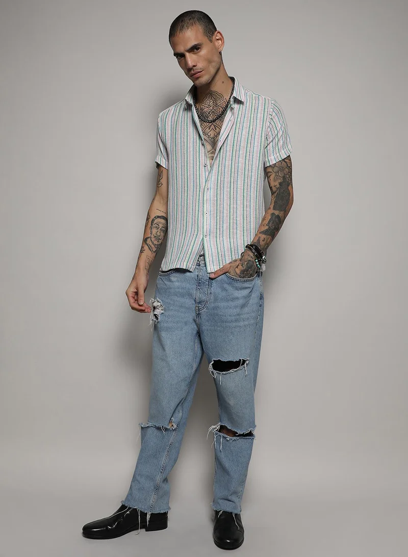 كامبوس سوترا Men's Pink & Green Unbalanced Striped Woven Shirt